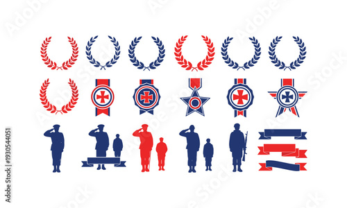 Set of vector silhouette illustration line art icons for military honors and veterans