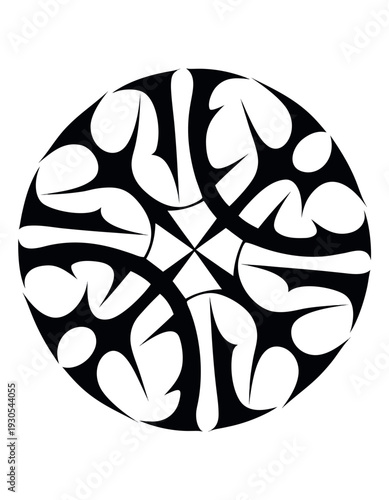Art design featuring abstract shapes in black and white that create a circular pattern with interconnected forms Generative AI