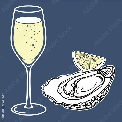 Enjoying champagne and oysters on a simple blue background with a lemon wedge nearby Generative AI