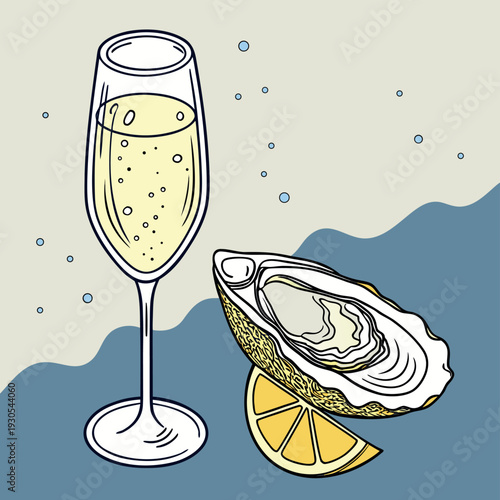 Oyster and glass of sparkling wine on a simple table setting by the sea Generative AI