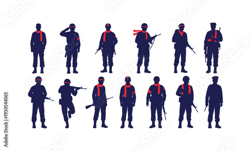 Soldier silhouette vector illustration set with various poses and equipment, red accents