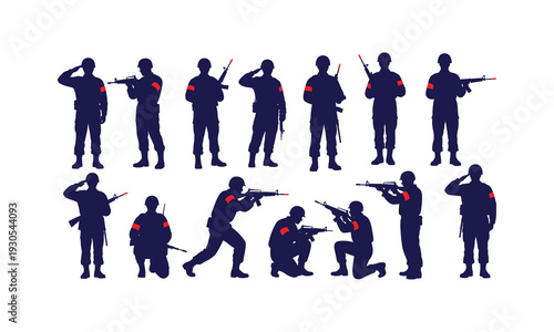 Soldier silhouettes vector illustration in various poses with rifle and salute