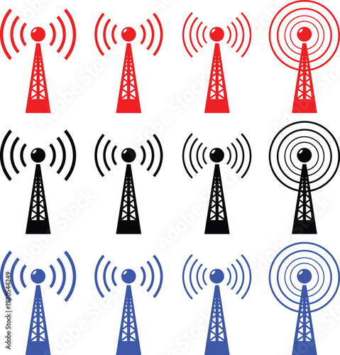 Radio towers with signal waves in red black and blue for broadcast and transmission