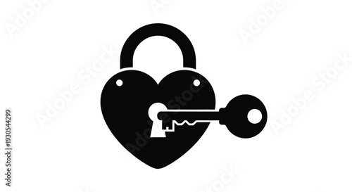 A black silhouette of a heart shaped padlock with a key symbolizing love and security silhouette high quality professional detailed modern elegant