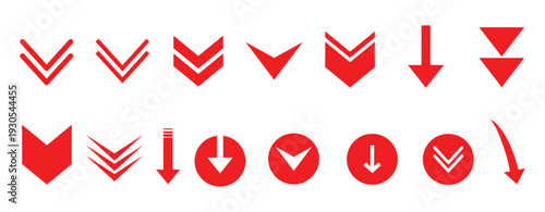 Down arrow icon set. Collection of red downward arrows and chevron symbols.