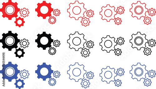 Collection of 15 gear icons, featuring different sizes and styles in red, black, and blue, full and outline versions