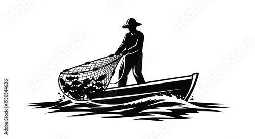 A vintage illustration depicts a fisherman in a boat with a full net presented as a striking silhouette high quality professional