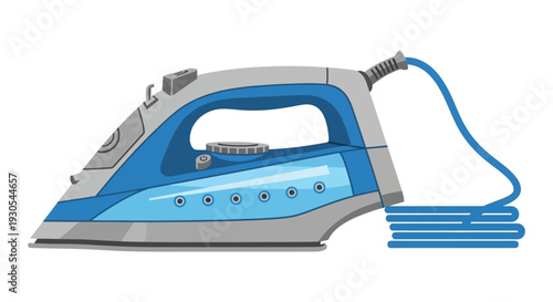 A detailed illustration of a modern household iron with blue and gray coloring presented as a silhouette high quality professional elegant