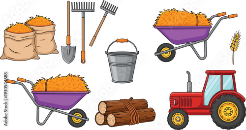 Agriculture farming equipment and harvest elements with tractor, wheelbarrow, hay, tools, bucket, and wheat for rural industry vector illustration.