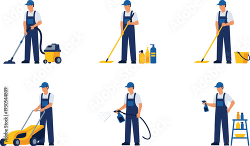 Professional cleaning service workers with equipment set, janitor vacuuming, mopping, spraying disinfectant and maintenance tasks illustration isolated for hygiene, sanitation, housekeeping