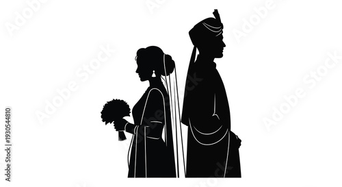 A striking black silhouette depicts a newlywed couple the bride holding flowers against a stark white background silhouette high quality professional