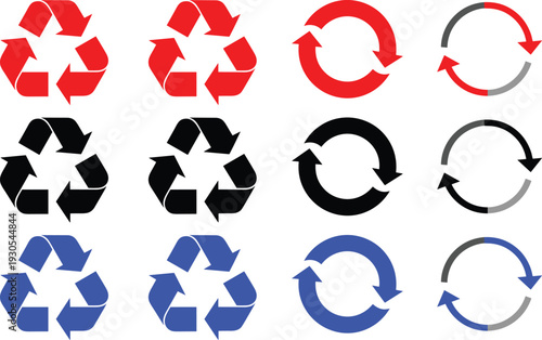 Recycle symbols and circular arrows set in red black and blue colors vector