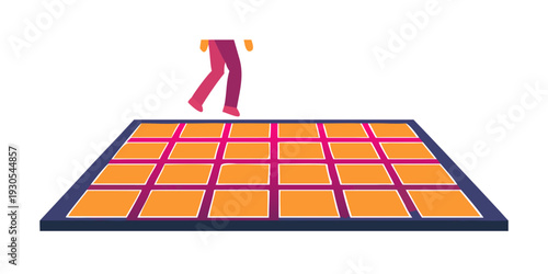 Dancer walking on colorful dance floor with vibrant tiles