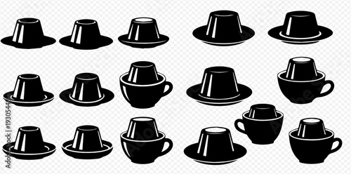 Set of black and white Vietnamese coffee filter icons with cups and saucers.