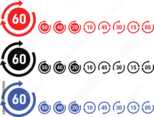 Circular countdown timer icons with numbers in red black and blue colors vector