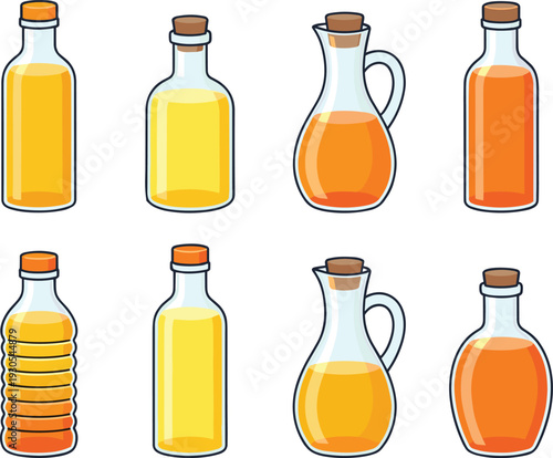 Set of glass bottles and carafes filled with olive oil and vinegar in flat vector style isolated on light background for kitchen and culinary use