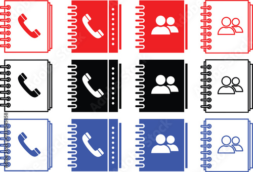 Set of address book icons in red, black, and blue with phone and people symbols