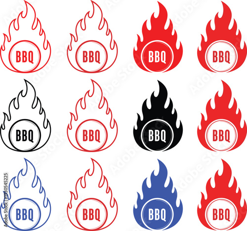 BBQ barbecue fire flame icons red black and blue outlines filled with text