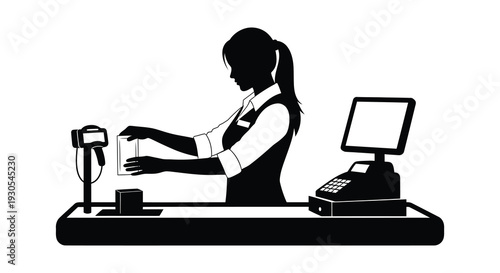 A female shop assistant operating a cash register and scanner at a checkout counter presented as a silhouette high quality professional