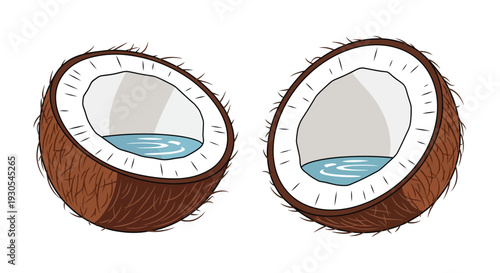 Two halved coconuts with visible interiors are displayed against a clean white background a striking silhouette high quality professional detailed modern