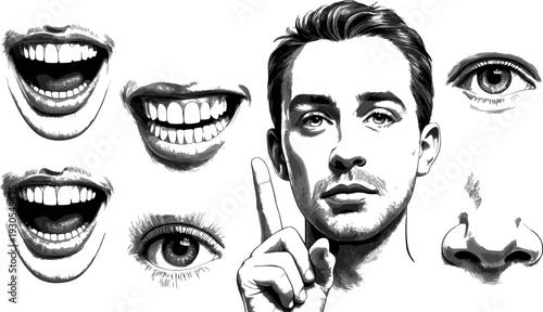 Black and white illustration of human facial features, expressive eyes, mouths, nose, realistic male face, gesture pointing finger, anatomy study, artistic sketch