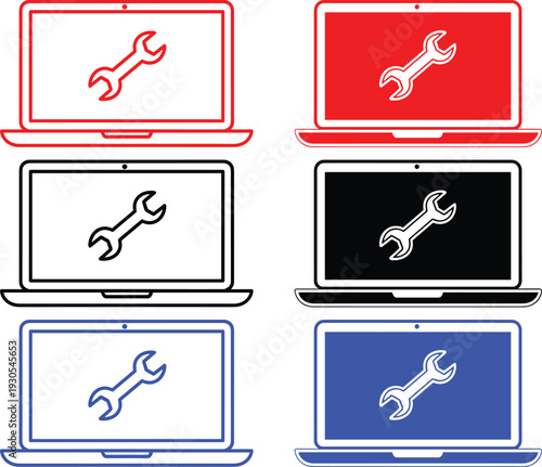 Laptop maintenance icons with wrench symbol on screen showing hardware repair and technical service support