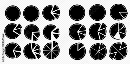 Collection of black pie chart icons showing different percentages on a transparent background.