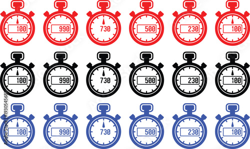 Stopwatch timer icons with digital numerical display showing countdown values for sports and speed tracking