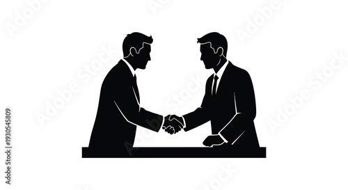 Two business professionals shake hands across a desk a formal greeting depicted in black silhouette high quality professional detailed modern elegant
