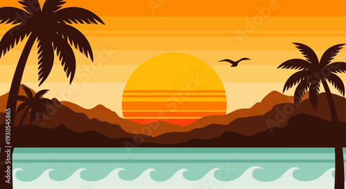 Tropical beach landscape with palm trees and sunset over the ocean.