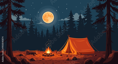Camping under the full moon in a forest clearing at night.