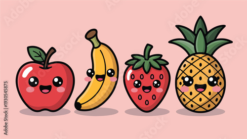 Cute kawaii fruits apple banana strawberry pineapple with happy faces on pink