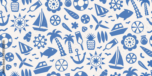 Nautical themed seamless pattern with blue icons on a white background
