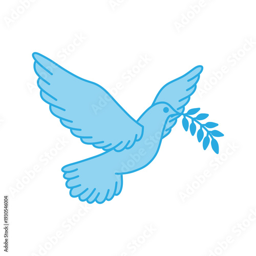 Blue dove of peace flying with an olive branch. Simple symbolic illustration of freedom, hope, and spirituality. Blue pigeon illustration, isolated on white background.