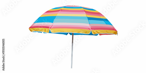 Colorful beach umbrella with vibrant stripes isolated on a white background