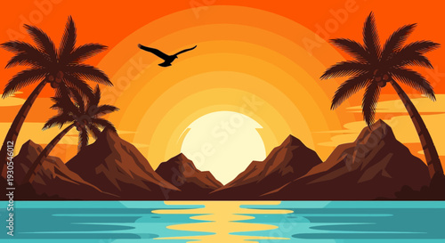 Tropical island landscape with palm trees and mountains at sunset.