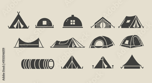 Collection of Various Camping Tents and Shelters Icons.