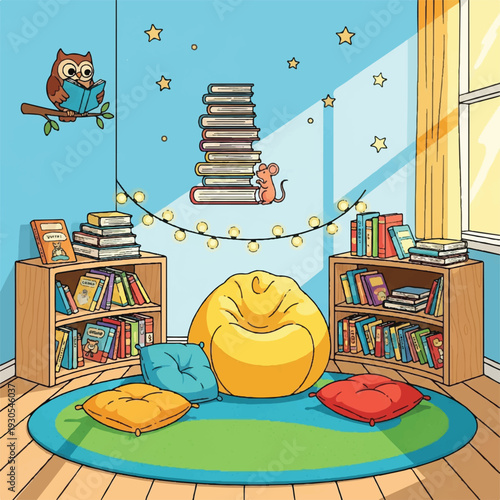 Cozy reading nook featuring beanbags, bookshelves, owl art and string lights at a sunny window.