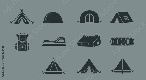 Collection of camping icons in dark gray on gray background.