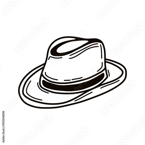 Classic western cowboy hat illustration in black line art. Stylish fedora or rancher headwear doodle. Traditional line art cowboy hat illustration, isolated on white background.