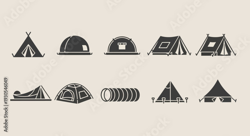 Camping Tents and Outdoor Gear Icons Set.