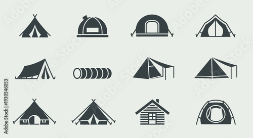 Camping Tents and Shelters Icon Set.
