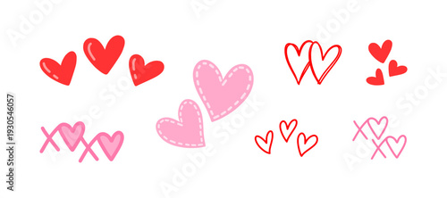 Cute hand drawn pink and red hearts and xoxo symbols collection. Romantic doodle elements set for Valentine's Day.