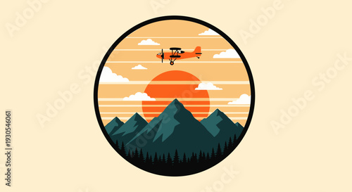 Drone flying over mountains at sunset in a circular frame.