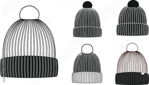Black and White Striped Knit Hats with Pom Poms