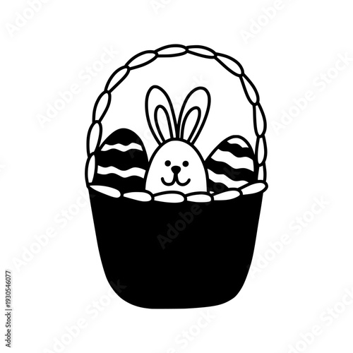 Black doodle Easter basket filled with decorated eggs and cute bunny. Holiday spring illustration Easter Bunny with eggs in basket, isolated on white background.