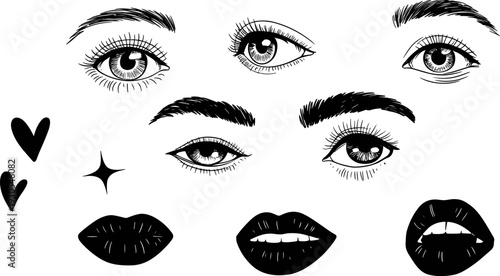 Black and white illustration of stylized eyes, lips, hearts, sparkle symbol, artistic facial features, emotions, design elements, character creation concept artwork