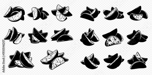 Set of black and white potato wedges in various styles, isolated on a transparent background.