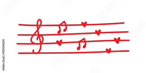 Romantic musical staff with red notes and heart shapes. Hand drawn melody of love concept for valentines day, wedding or romantic music event. Love hand drawn song melody.
