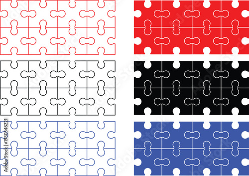Jigsaw puzzle icons and patterns in red black and blue for teamwork problem solving and connection